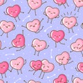 Seamless pattern with kawaii pink hearts on violet background Vector wallpaper for Valentines day cute design