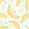 Seamless pattern in kawaii style of bananas, white flowers and green, white, and yellow dots on a green background.