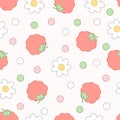 Seamless pattern in kawaii style of raspberries, white flowers and green, white, and pink dots on a pink background.