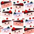 Seamless pattern Kawaii Sweet cake decorated with fresh Strawberry, pink cream and chocolate icing, cake with fresh blueberry, pin Royalty Free Stock Photo