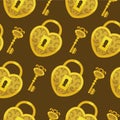 Seamless pattern with key vector. Gold lock hearts and keys background.