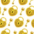 Seamless pattern with key vector. Gold lock hearts and keys background.