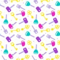 Seamless pattern keys. Cartoon flat colored keys background, decorative metal objects, modern and retro shapes bright