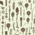 Seamless pattern of keys, leaves, and feathers, arranged in a simple, flat, monochrome illustration Royalty Free Stock Photo