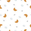 Seamless pattern for kids crescent moon and stars Hand drawn star background in cartoon style for print, wallpaper, decoration, Royalty Free Stock Photo