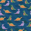 Seamless pattern kids design with cute multicoloured dinosaurs