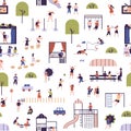 Seamless pattern with kids at modern kindergarten playground. Children having outdoor activities, playing games, walking