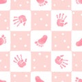 Seamless pattern with kids palm hand and foot prints. Baby shower Royalty Free Stock Photo