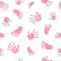 Seamless pattern with kids palm hand and foot prints. Baby shower vector illustration Royalty Free Stock Photo