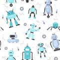 Seamless pattern kids robots. Funny childish robotic mascot, school inventions, modern technology, mechanic toys. Decor