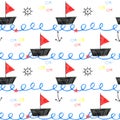 Seamless pattern for kids with sailing illustrations.