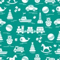 Seamless pattern with kids toys. Train, cars, balls, rocking horse, roly-poly, whale, puzzles, pyramid, boat