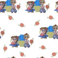 Seamless pattern. Cute watercolor illustrations. Ukrainian children. a boy with a rose and a girl with a heart. National