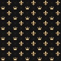 Seamless Pattern with King Crowns and Royal Heraldic Fleur de Lys Lily on Dark Background. Vector