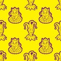 Seamless pattern of king jester`s face contour spot on yellow background. Vector image