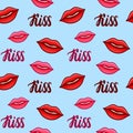 Seamless pattern with kiss inscription and red and pink lips