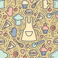 Seamless pattern with kitchen attributes and meal