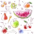 Seamless pattern with kitchen items.Stylish fruits:watermelon,pear, lemon,strawberries,peach,cherry.Food background.