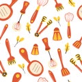 Seamless pattern with kitchen tools. Cooking utensils background. Pattern with kitchen accessories, equipment, utensils. Royalty Free Stock Photo