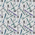 Seamless pattern of kitchen utensils dark blue gray, teal blue, ming and granite gray color knife, spoon and fork on gainsboro