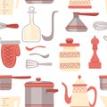 Seamless pattern. Kitchen utensils set. Kitchenware, cookware, kitchen tools collection. Modern kitchen utensil icons in arabic Royalty Free Stock Photo