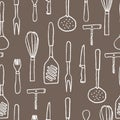 Seamless pattern of kitchenware. White hand drawn contour on brown background.