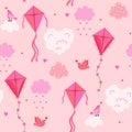 Seamless pattern with kites, hearts, birds, clouds in pink colors. Vector graphics