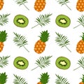 Seamless pattern with kiwi, pineapple and palm branch. Summer cute print with exotic food. Background with sweet tasty Royalty Free Stock Photo
