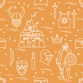 Seamless pattern with knight, castle, shields, swords, cuirass, helmet, crown, treasure chest, bow, quiver of arrows. Design for