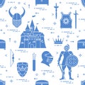 Seamless pattern with knight, castle, shields, swords, cuirass, helmet, crown, treasure chest, bow, quiver of arrows. Design for