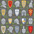 Seamless pattern with knightly helmets and shields