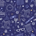 Seamless pattern. Knitting and embroidery. Sewing elements, threads and knitting needles, scissors and needles, knitting
