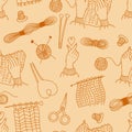 Seamless pattern. Knitting, threads and scissors, heart hand gesture and knitting hands with knitting needles on light