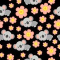 Seamless pattern with koala babies and pink flowers. Black background. Floral ornament. Flat ÃÂartoon style. Cute and funny Royalty Free Stock Photo