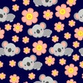 Seamless pattern with koala babies and pink flowers. Blue background. Floral ornament. Flat ÃÂartoon style. Cute and funny Royalty Free Stock Photo