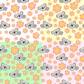 Seamless pattern with koala babies and pink flowers. Cartoon style Royalty Free Stock Photo