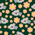 Seamless pattern with koala babies and pink flowers. Green background. Floral ornament. Flat ÃÂartoon style. Cute and funny Royalty Free Stock Photo