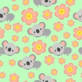 Seamless pattern with koala babies and pink flowers. Green background. Floral ornament. Flat ÃÂartoon style. Cute and funny Royalty Free Stock Photo