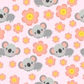 Seamless pattern with koala babies and pink flowers. Pink background. Floral ornament. Flat ÃÂartoon style. Cute and funny Royalty Free Stock Photo