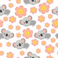 Seamless pattern with koala babies and pink flowers. White background. Floral ornament. Flat ÃÂartoon style. Cute and funny Royalty Free Stock Photo