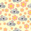 Seamless pattern with koala babies and pink flowers. Yellow background. Floral ornament. Flat ÃÂartoon style. Cute and funny Royalty Free Stock Photo
