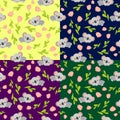 Seamless pattern with koala babies and pink tulips. Flat ÃÂartoon style Royalty Free Stock Photo