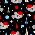 Seamless pattern with koala babies in red Christmas hats lying and smiling. Fir trees. Black background. White, red and blue