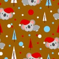Seamless pattern with koala babies in red Christmas hats lying and smiling. Fir trees. Brown background. White, red and blue