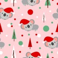 Seamless pattern with koala babies in red Christmas hats lying and smiling. Fir trees. Pink background. White, red and green Royalty Free Stock Photo