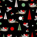 Seamless pattern with koala babies in red Christmas hats sleeping on eucalyptus. Fir trees. Black background. White, red and green Royalty Free Stock Photo