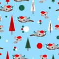 Seamless pattern with koala babies in red Christmas hats sleeping on eucalyptus. Fir trees. Pastel blue background. White, red and