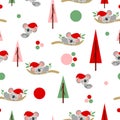 Seamless pattern with koala babies in red Christmas hats sleeping on eucalyptus. Fir trees. White background. Pink, red and green Royalty Free Stock Photo