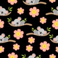 Seamless pattern with koala babies sleeping on eucalyptus branches and pink flowers. Black background. Flat design. Cartoon style