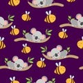 Seamless pattern with koala babies sleeping on eucalyptus branches and yellow bees. Purple background. Flat design. Cartoon style